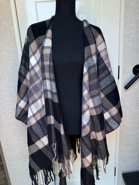 Plaid Fringe Shawl Wrap in Black, Gray & Cream